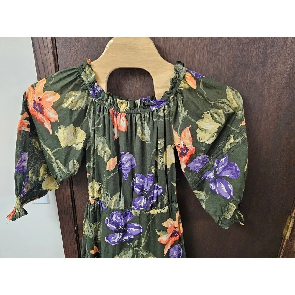 Lauren Ralph Lauren Floral Tiered Midi Dress Olive Green Purple Orange Size 6 - Picture 3 of 9